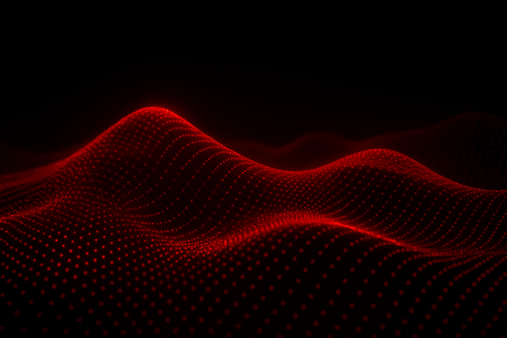 Red and black waveform made out of small red dots
