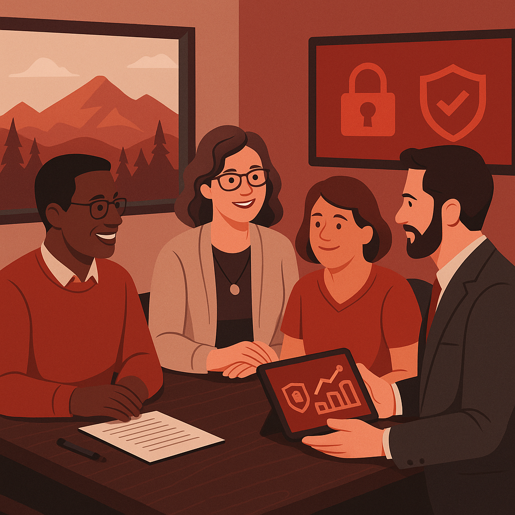 Group of people sitting around a table, talking to a presenter with an ipad showing a shield symbol and a bar graph. Outside is the mountains and trees, next to a TV showing a lock symbol and a shield with a checkmark.