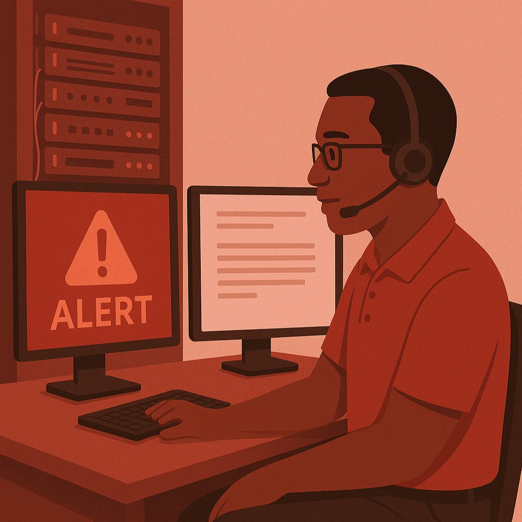 A man in a polo is looking at his computer. On one screen there is an alert, on the other is a word document. In the background is a server rack and a blank wall.