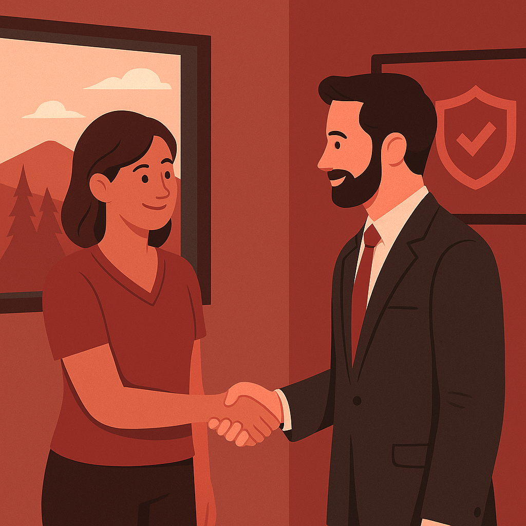 Business man shaking hands with a business woman who is standing in part of a meeting room with a window on the left and a TV on the right.