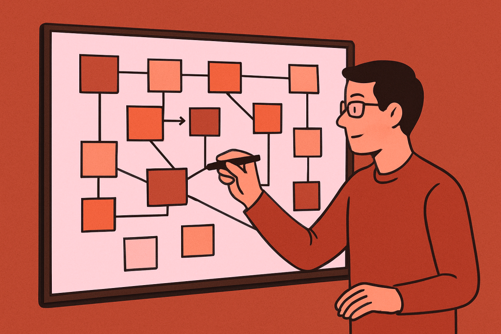 A man writing plans on a whiteboard. He is connecting all the ideas in a way that is formulating a plan