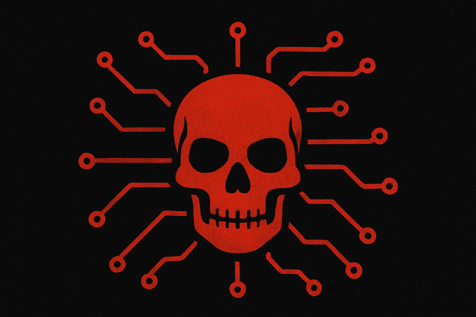 A red skull representing NightMare malware with red circuits running from it represents the spreading of scareware