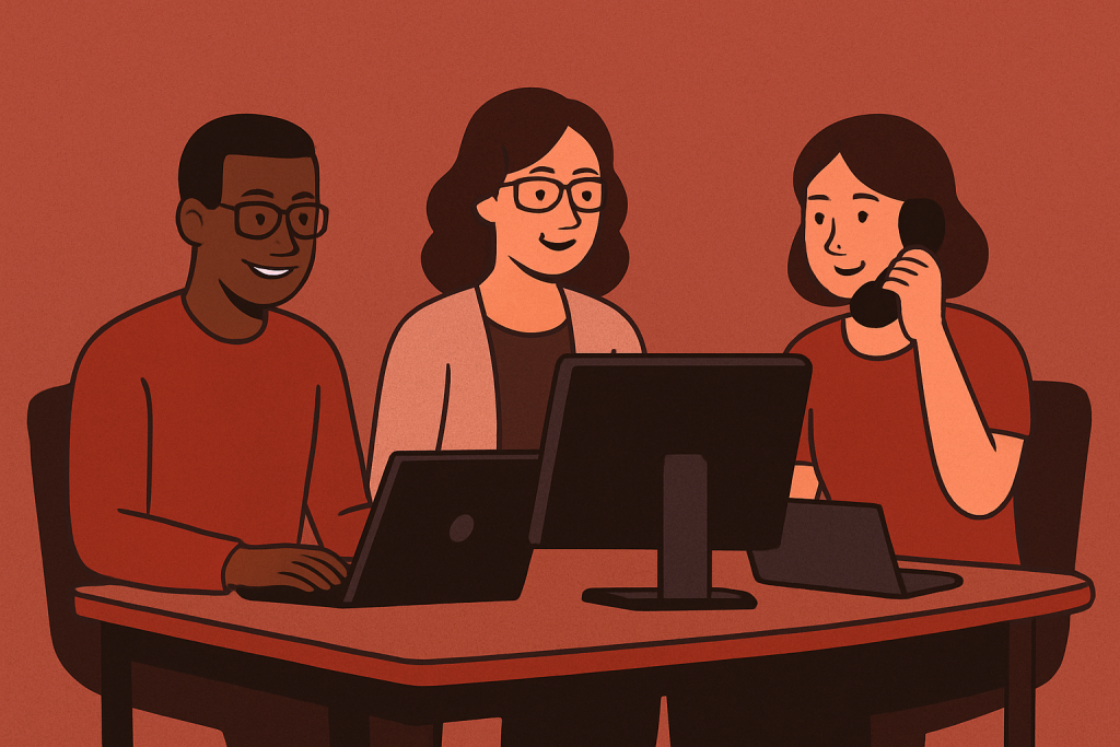 A group of AKS Staff members working together around a table all working on separate projects. One man is working on a laptop, one woman is working on a desktop, and one woman is answering the phone.